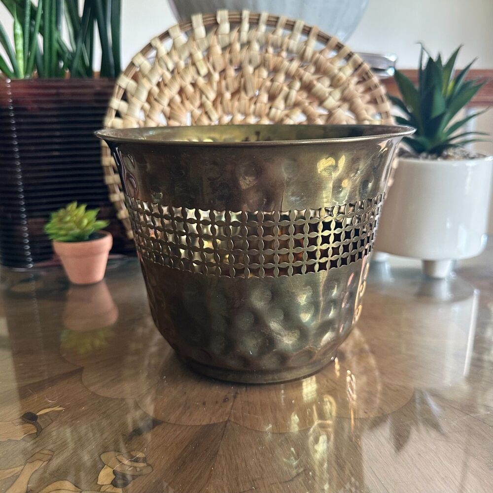 Vintage Hammered Brass Reticulated Planter Cachepot, MCM Decorative Storage - Picture 4 of 11